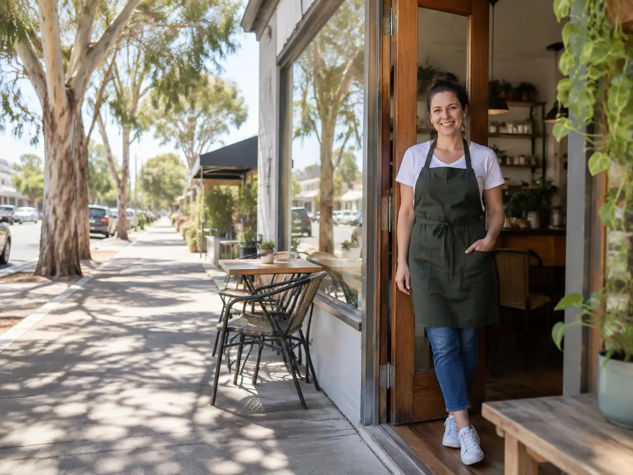 A cafe owner smiling in the doorway of her shop on a sunny street