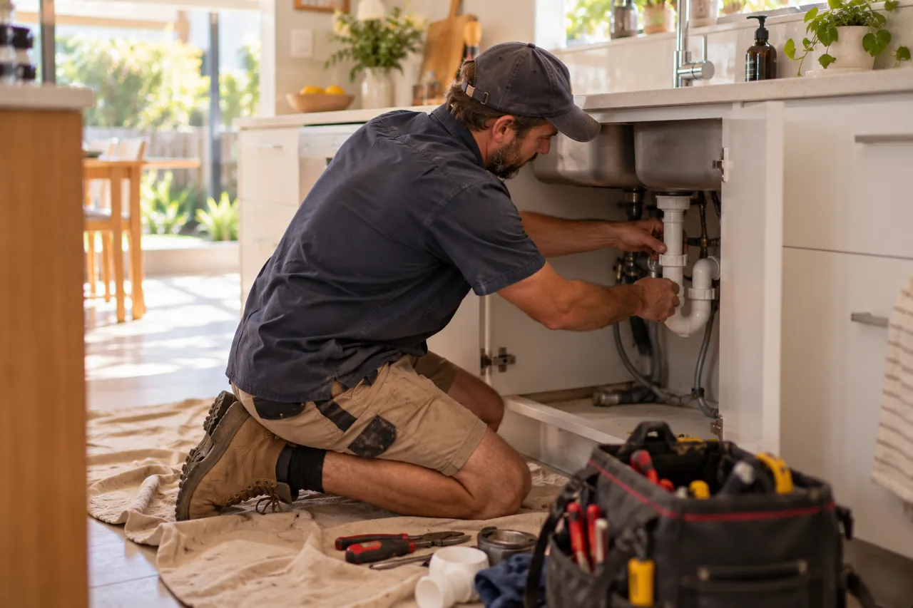 A plumber working under a kitchen sink