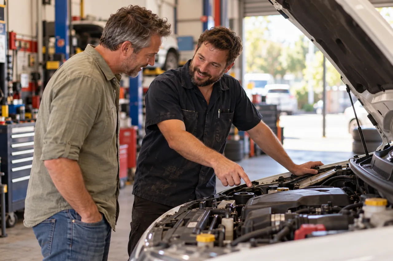A mechanic explaining an engine to a customer, bonnet up