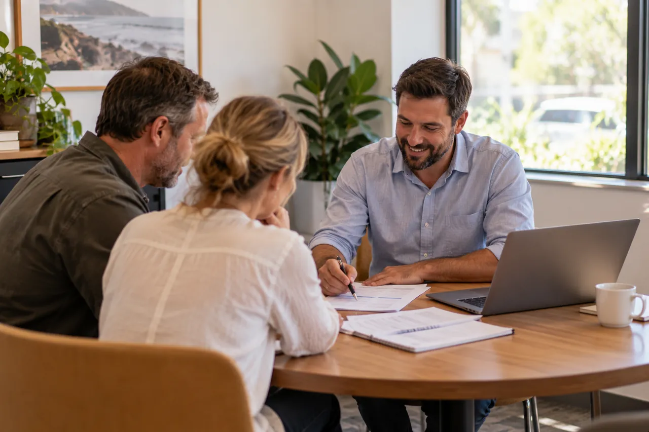 An adviser going through paperwork with a couple at a table