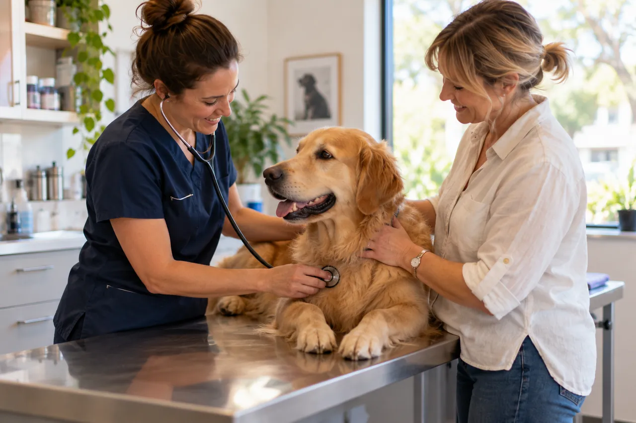 A vet checking a golden retriever while the owner looks on