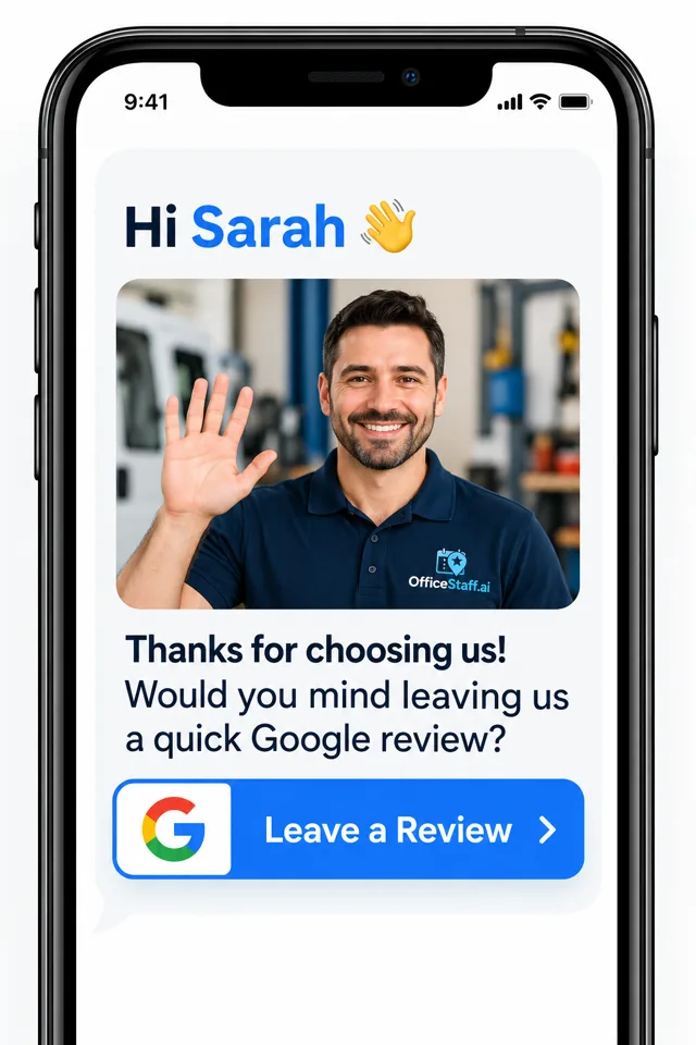 A personal review request on a phone: the customer's name, the owner's photo and a Leave a Review button