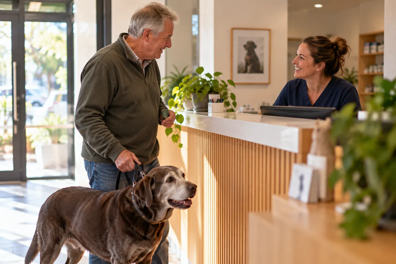 An older man arriving at the clinic with his senior labrador, welcomed back at the counter
