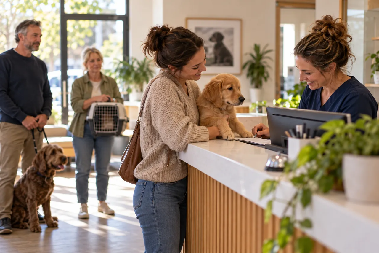 A busy vet clinic front desk with owners and their pets waiting