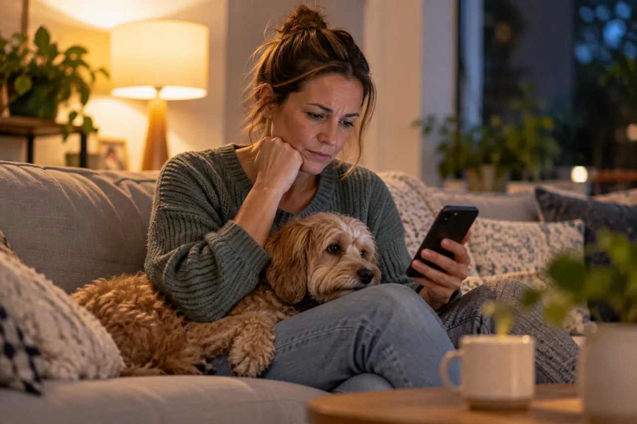 A pet owner at home with her dog on her lap, searching on her phone