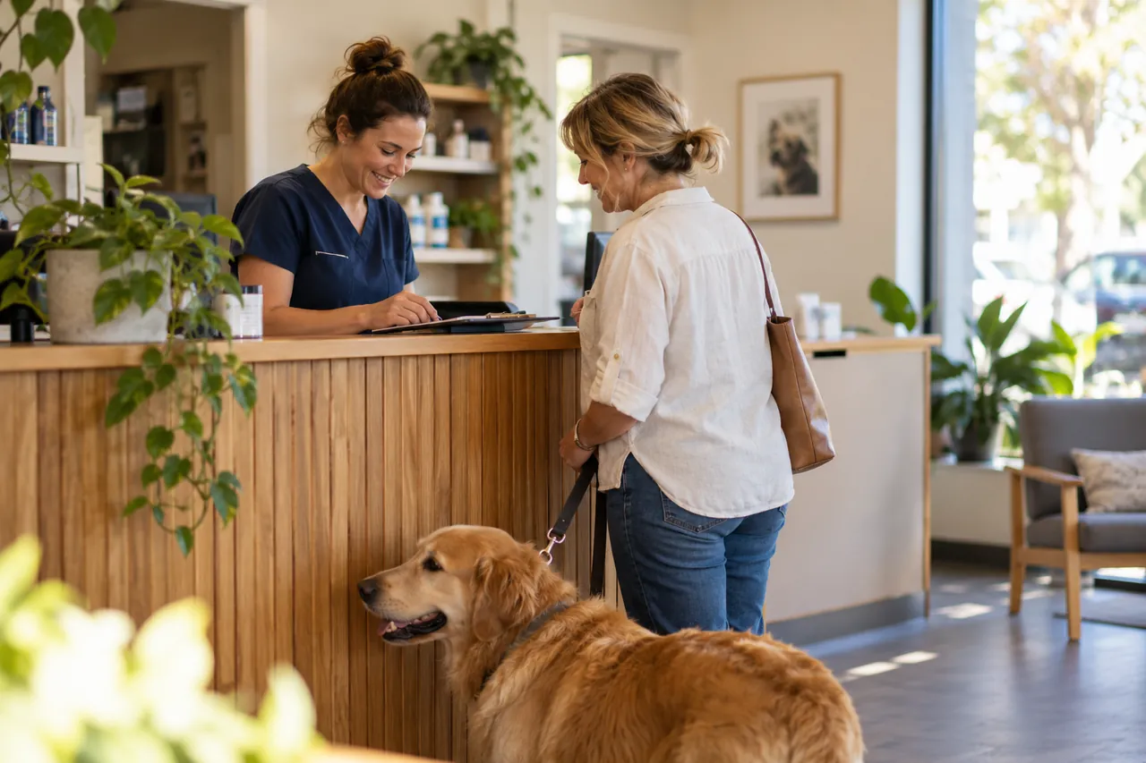 A pet owner checking in her golden retriever at a vet clinic front counter