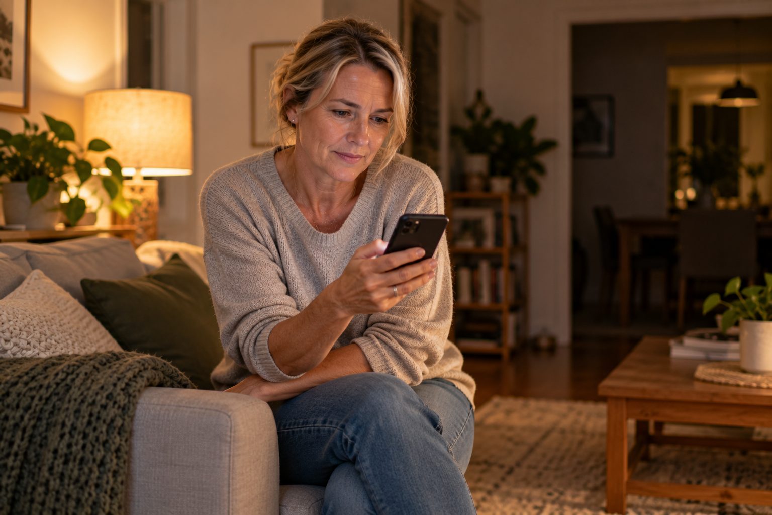 A customer reading the text at home